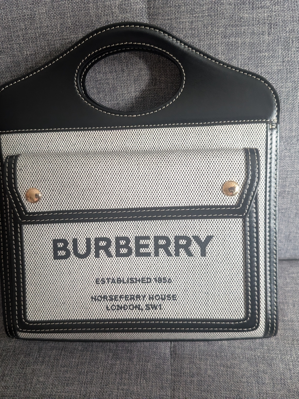 Burberry Black & White Canvas Tote Bag with Top Handle